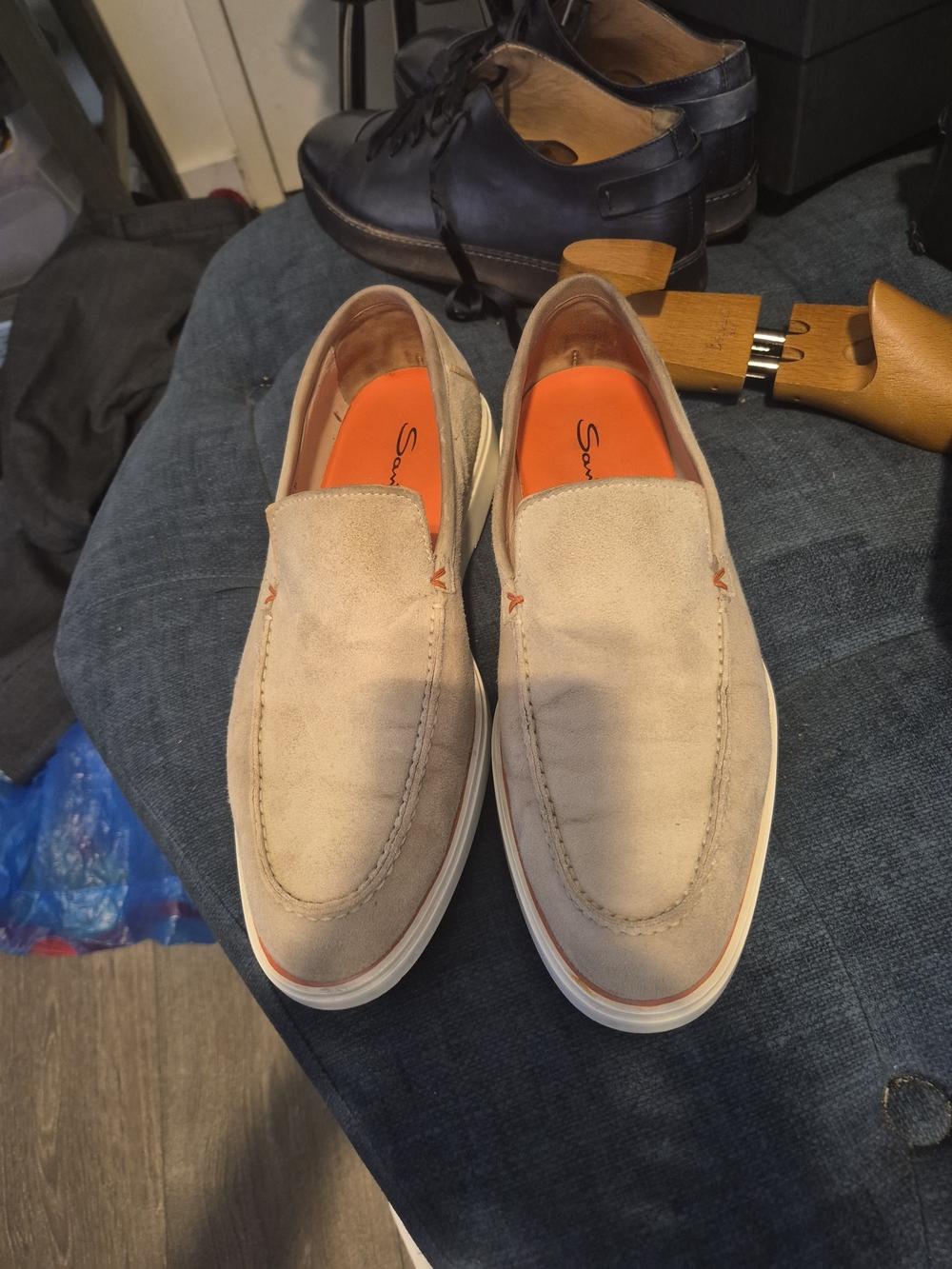 Santoni Beige Suede Slip-On Loafers with Orange Insole